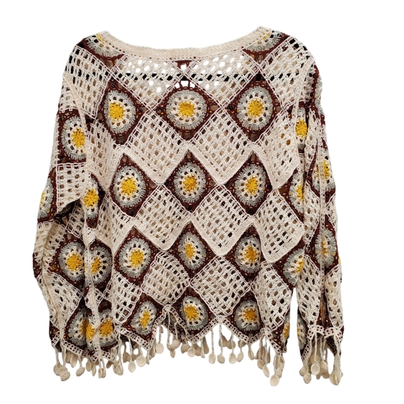 POL Cream Neutral Boho Hippy Oversize Retro‎ Diamond Crochet Festival Fringe Top - Picture 11 of 11